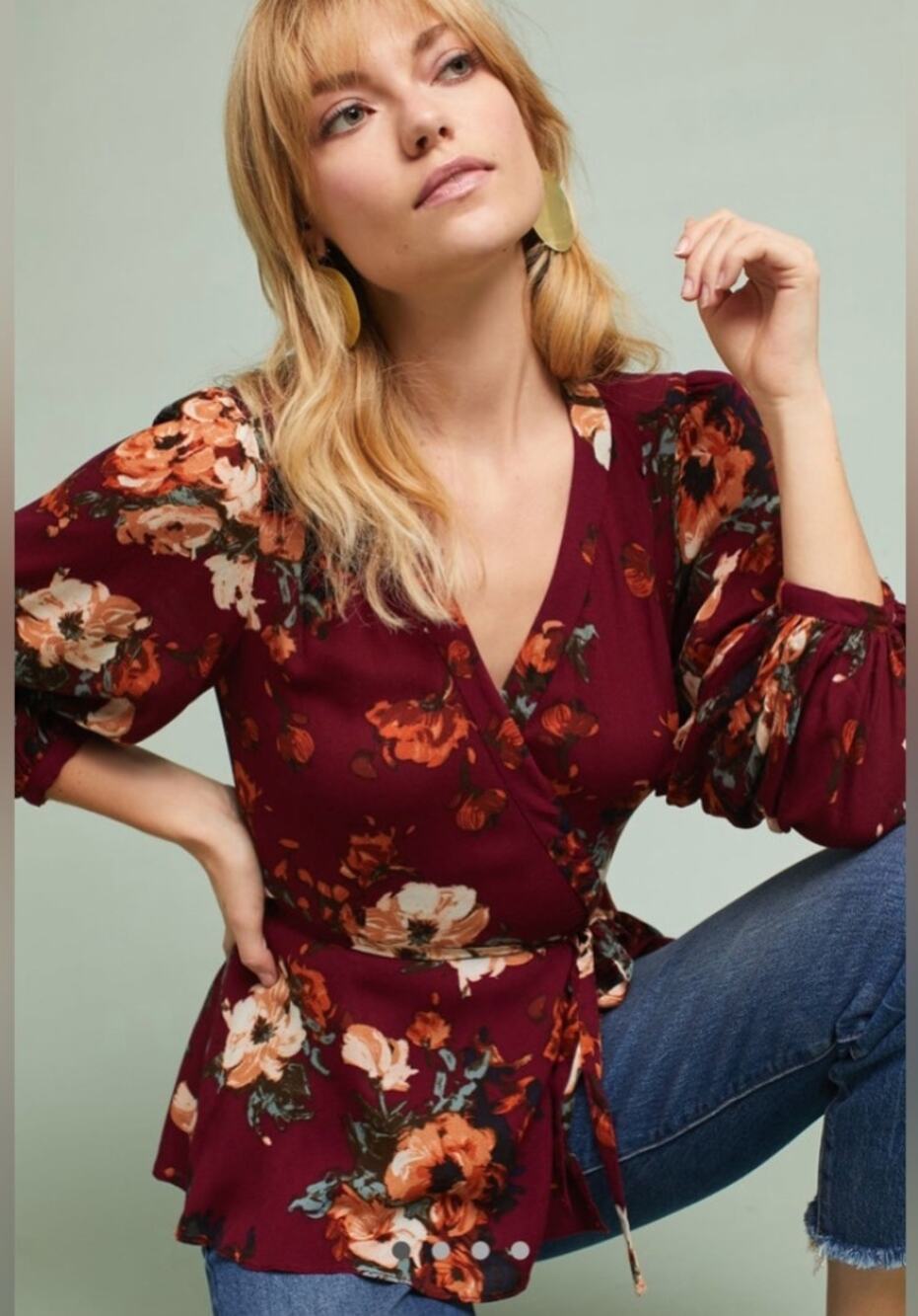 Anthropologie HD in Paris Gail Floral Wrap Peplum Blouse 10 Burgundy Boho Fall